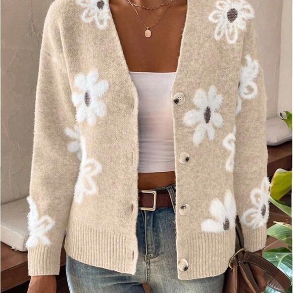 New V-neck floral button-down cardigan sweater